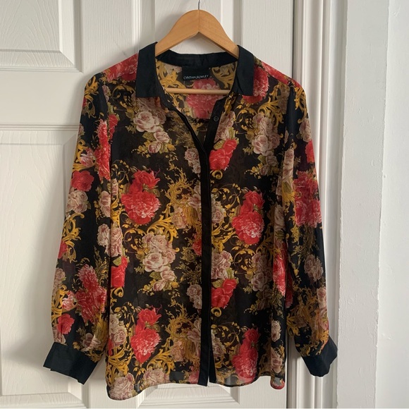 Cynthia Rowley Sheer Rose Floral & Black Blouse - Picture 8 of 10